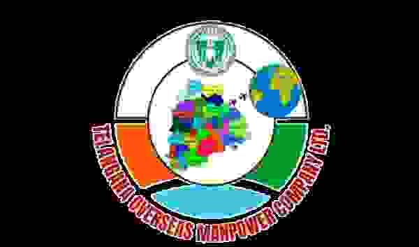 Logo der Telangana Overseas Manpower Company Ltd. mit einer farbigen Karte von Telangana und einem Globus.