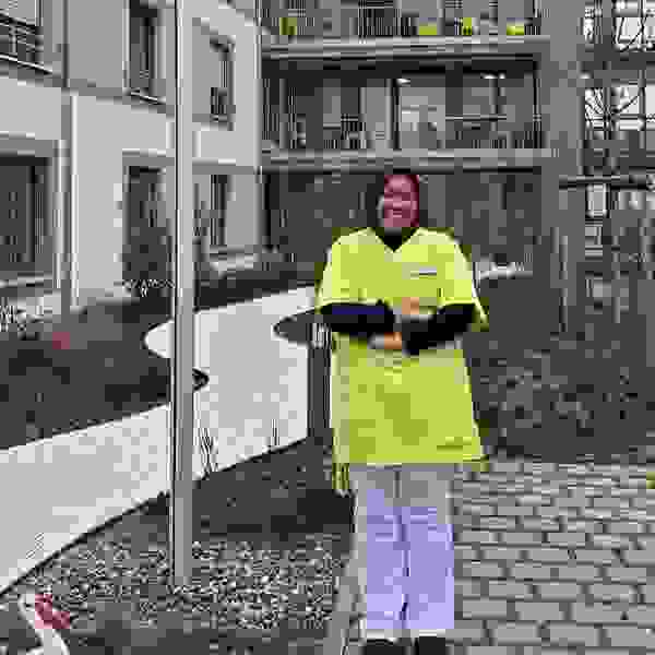 A person in yellow work clothes stands in the inner courtyard of a modern building, surrounded by plants and a sidewalk. Windows with a balcony and a flagpole can be seen in the background.