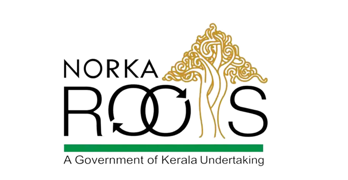 Logo of NORKA Roots, an initiative of the government of Kerala, with a stylized tree and the letters “NORKA ROOTS”.