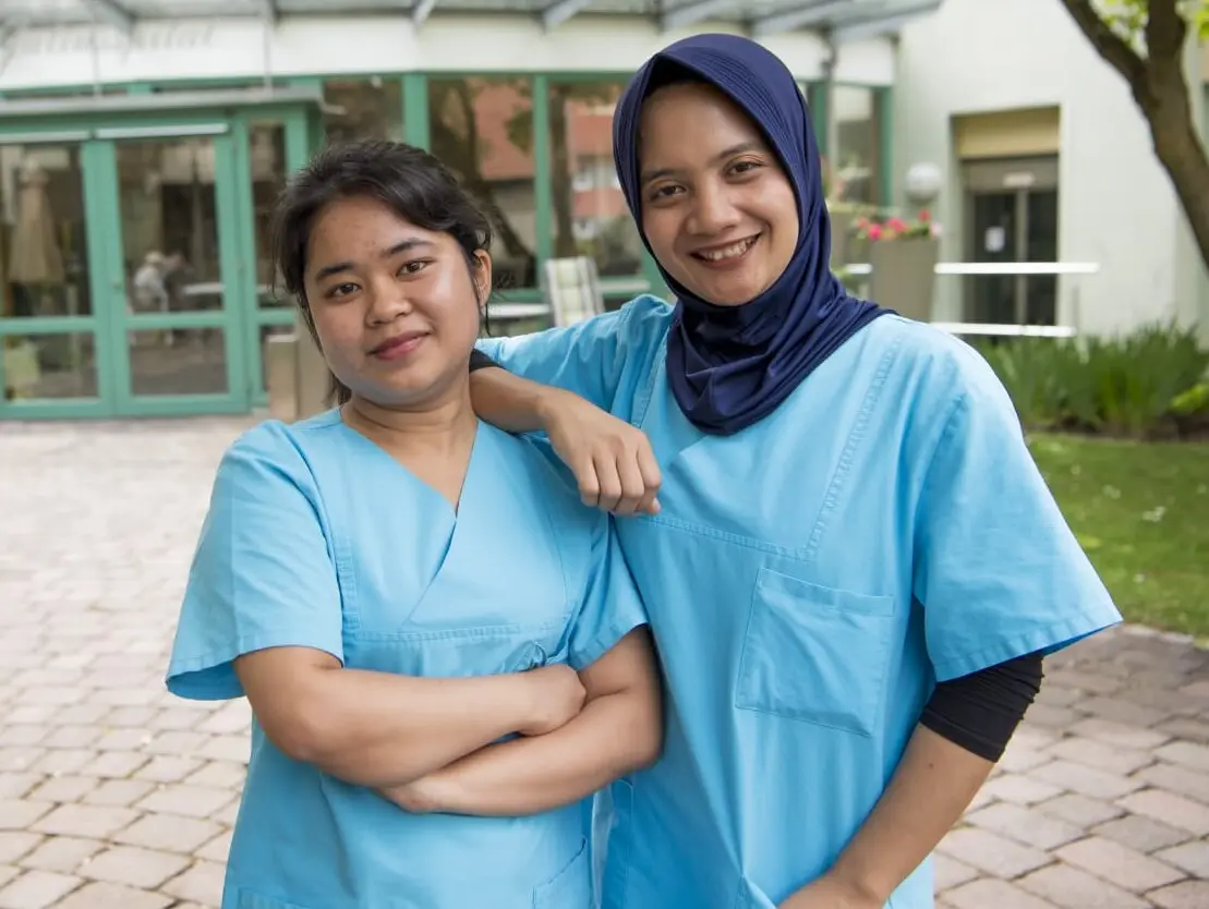 Two women in blue nursing uniforms smile in front of a building.