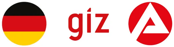 Tiga logo: bendera Jerman, kata “giz” berwarna merah, dan logo merah dengan segitiga putih.