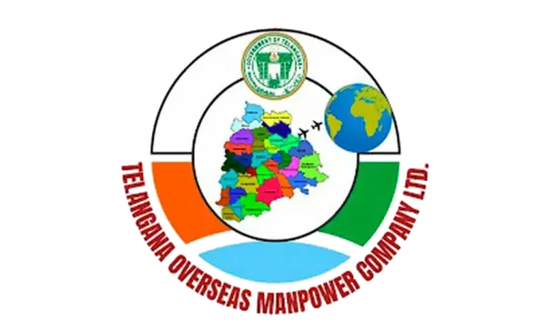 Logo of Telangana Overseas Manpower Company Ltd. with a colored map of Telangana and a globe.