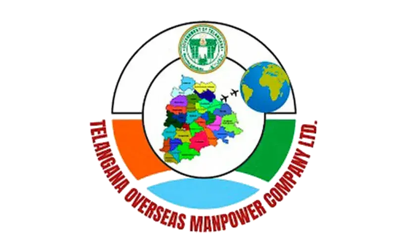 Logo of Telangana Overseas Manpower Company Ltd. with a colored map of Telangana and a globe.